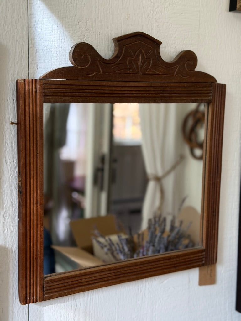 Vintage Wood Framed Mirror with Carved Crest