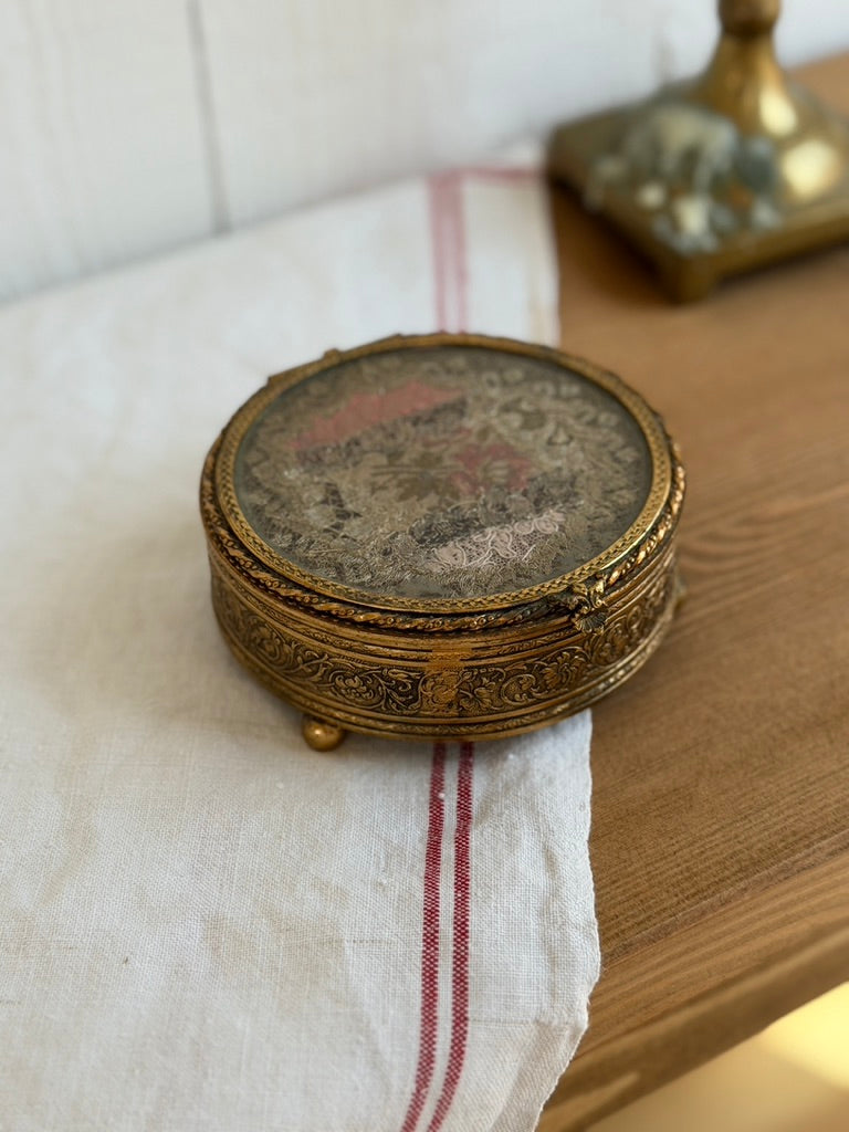 Antique French Round Glass Jewelry Box with Gilt Mounts