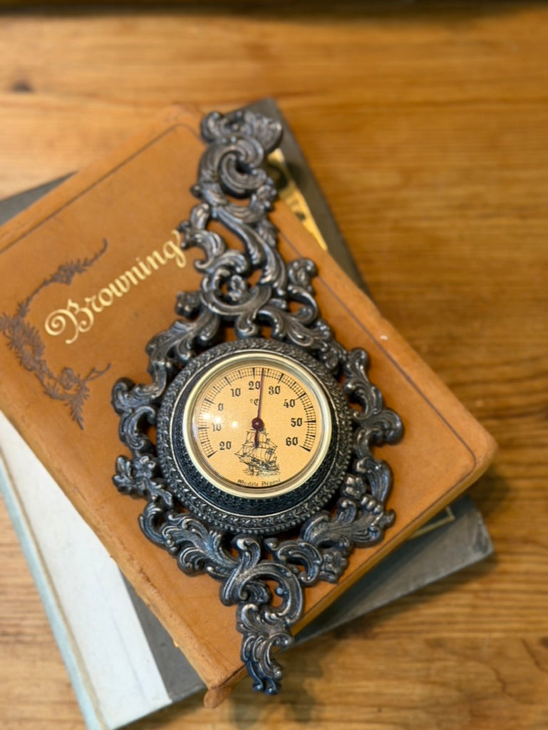 Vintage French Wall Thermometer, Celsius Dial with Sailing Ship, Ornate Rococo-Style Metal Frame