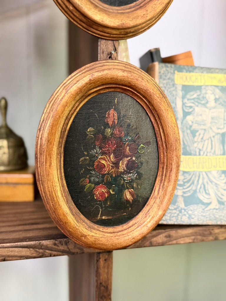 Pair of Vintage Oval Floral Oil Paintings