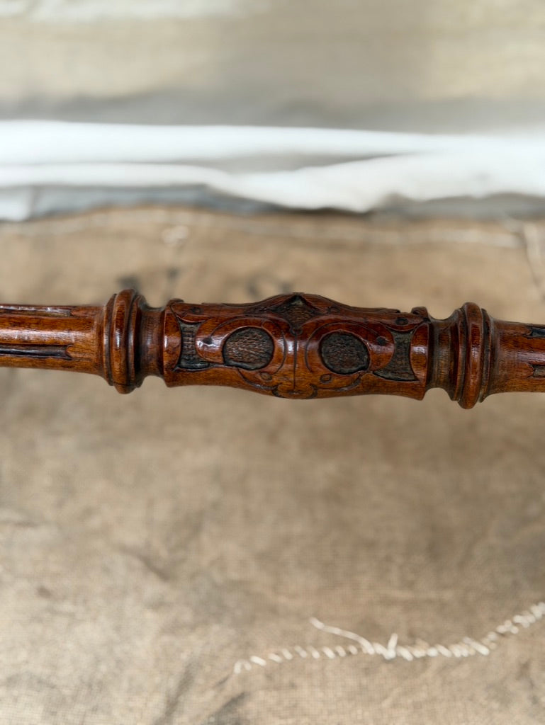 19th Century English Walnut & Burl Victorian Stretcher Table with Maple Inlay