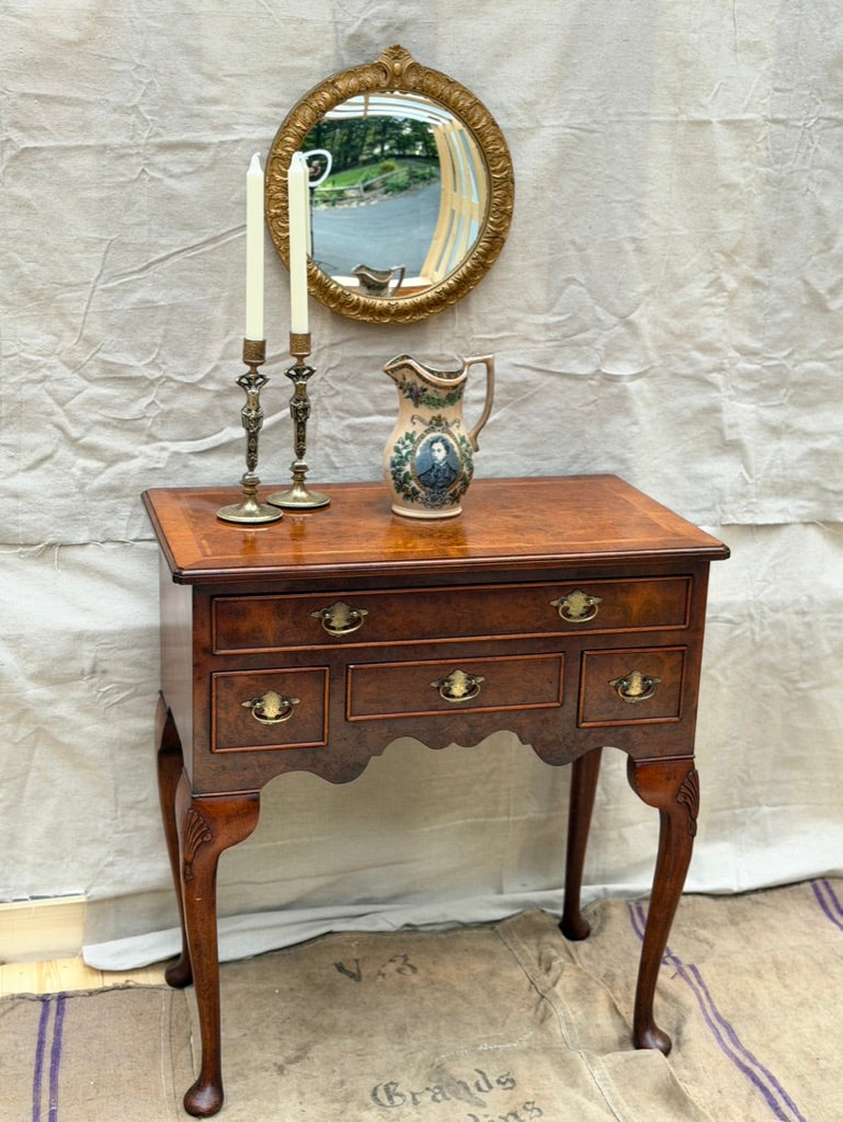 Vintage English Queen Anne Style Burr Walnut Lowboy