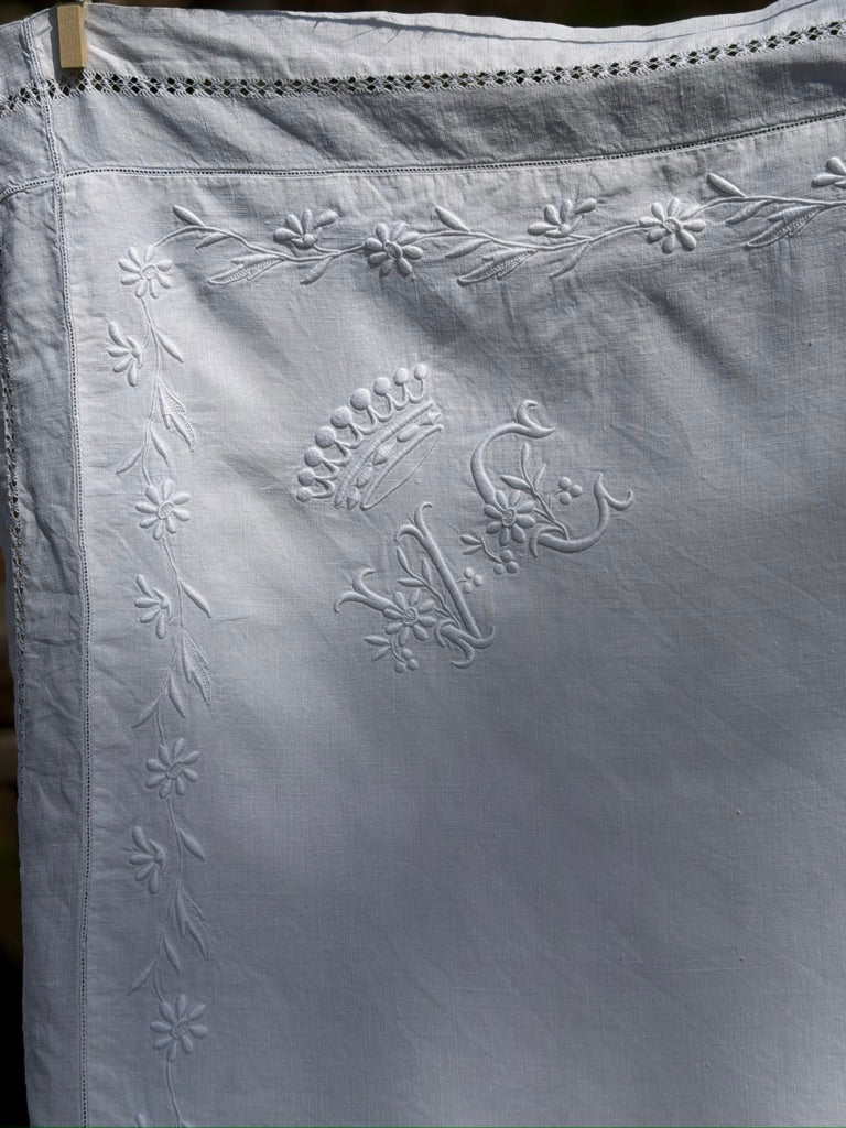 French Antique Monogrammed Linen Pillow Covers with Crown Crest (Pair)