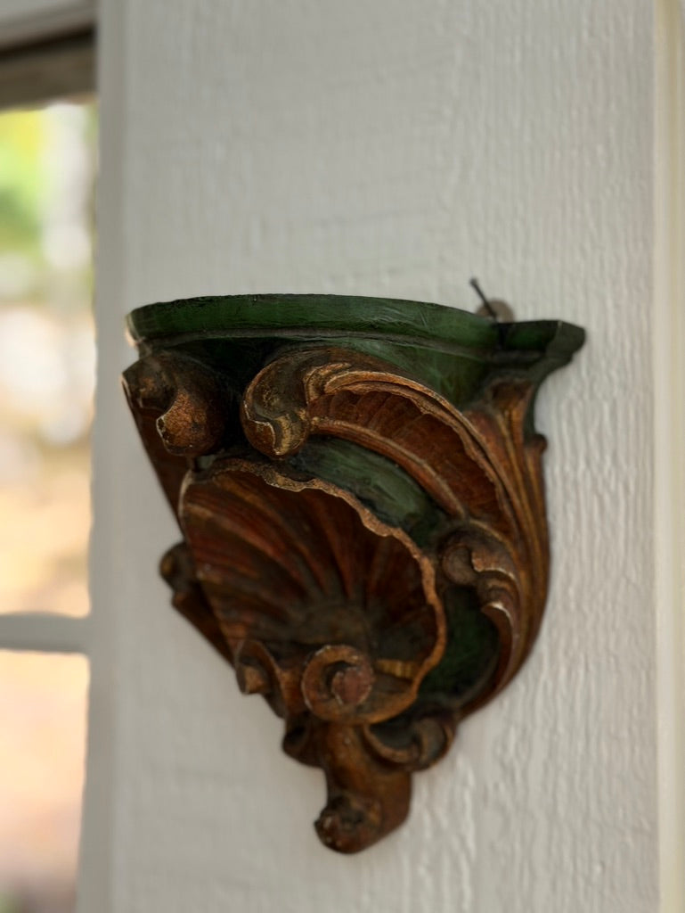 Pair of Italian Carved Wood Corbels in Green and Gold
