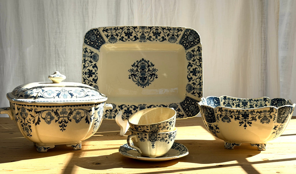 Antique French Gien Faience Footed Centerpiece Bowl