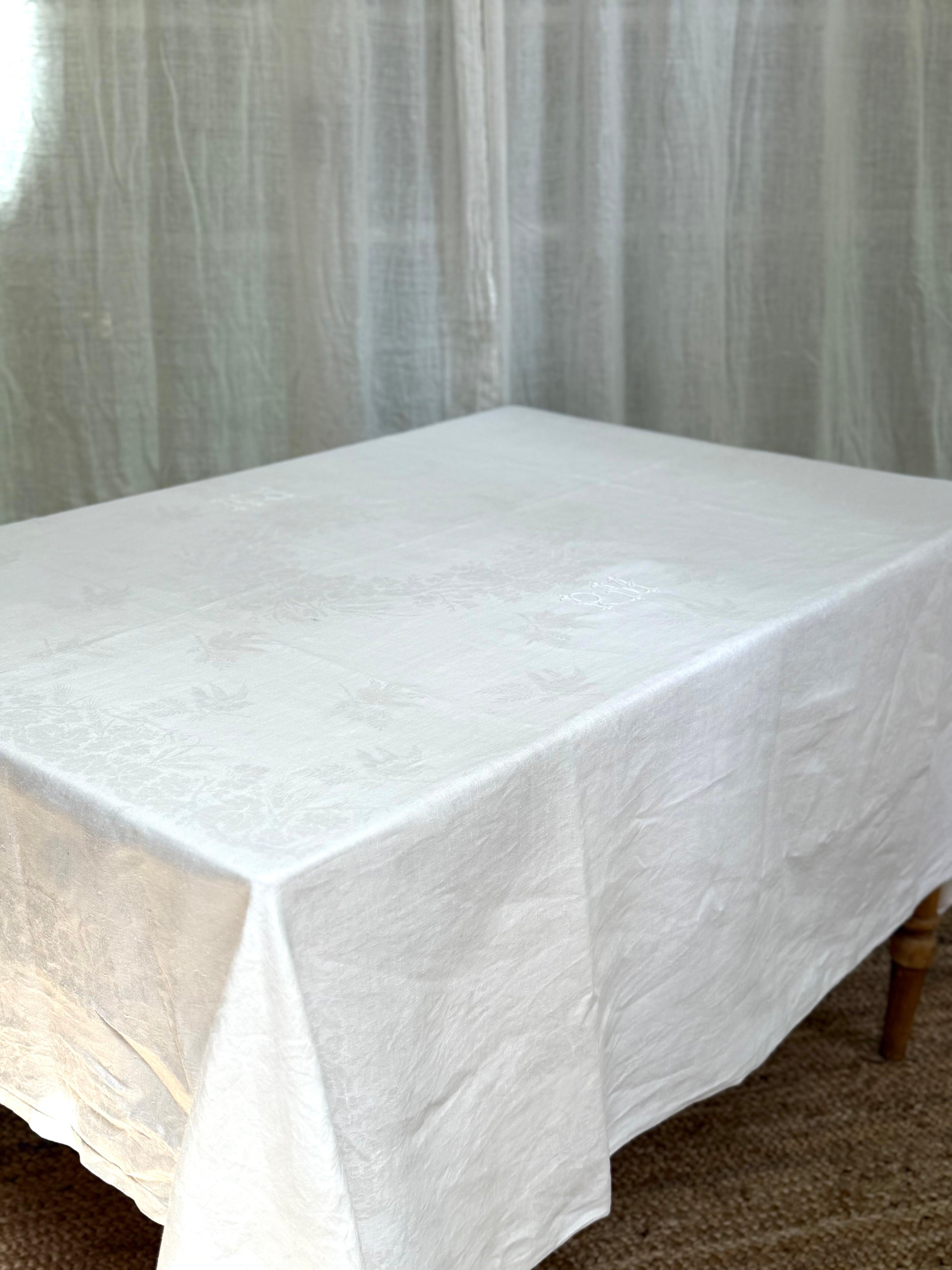 Antique French Linen Damask Tablecloth | Hand Monogrammed "PM"