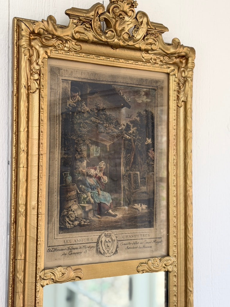 French trumeau full length mirror featuring an antique pastoral engraving.