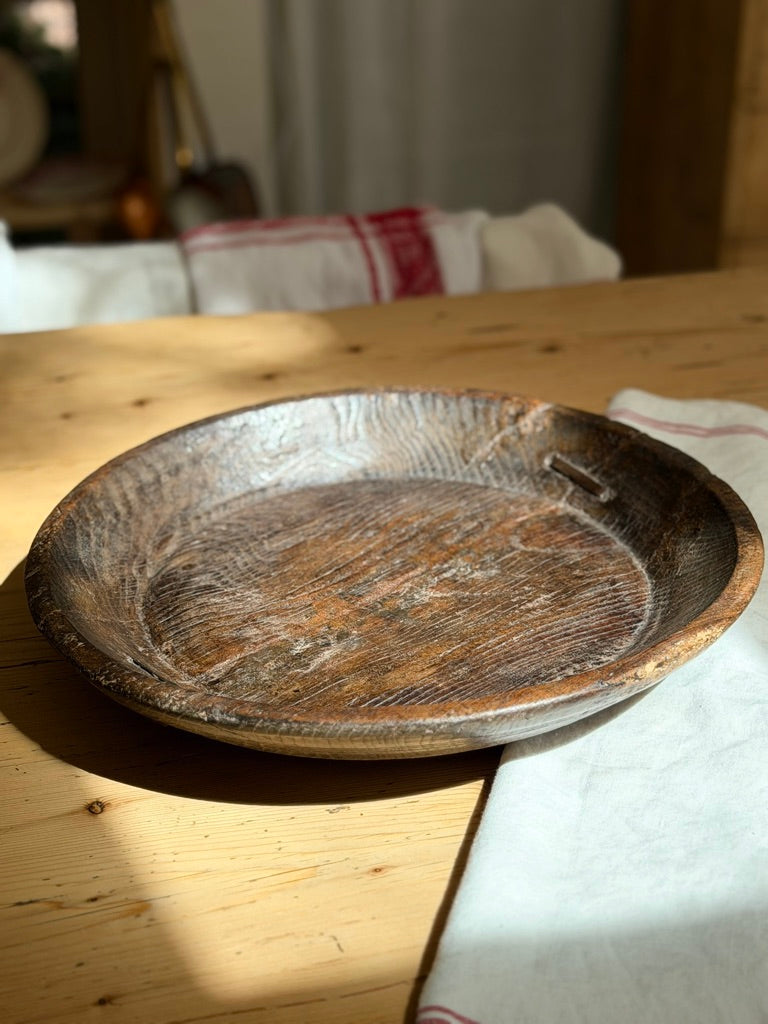 Antique Wooden Dough Bowl with Metal Repair