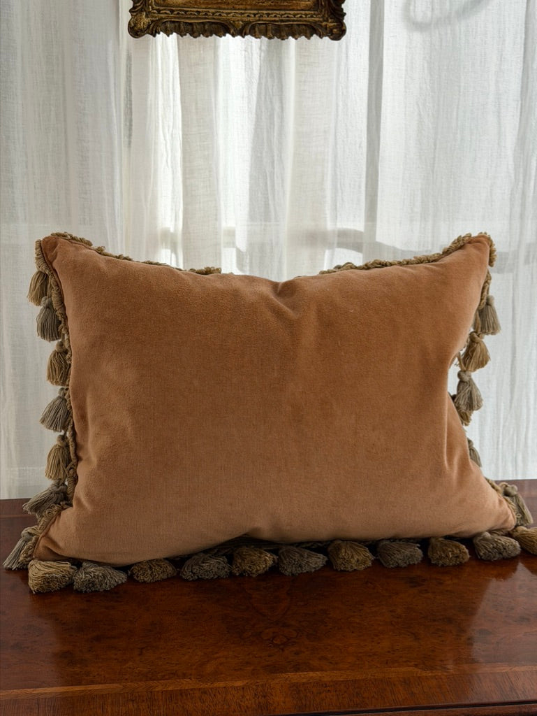 Pair of Floral Jacquard Cushions with Velvet Backs and Tassel Fringe