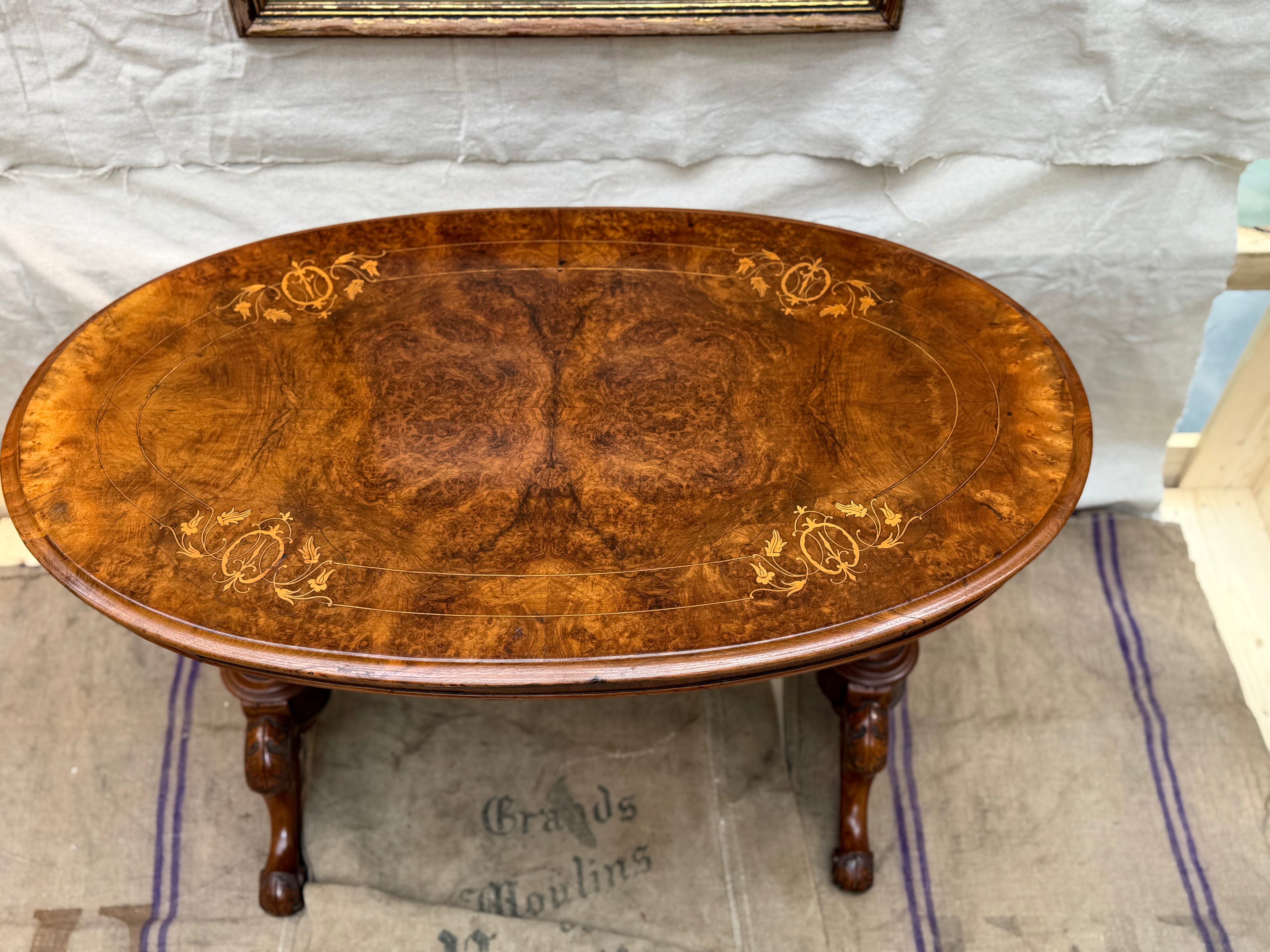 19th Century English Walnut & Burl Victorian Stretcher Table with Maple Inlay