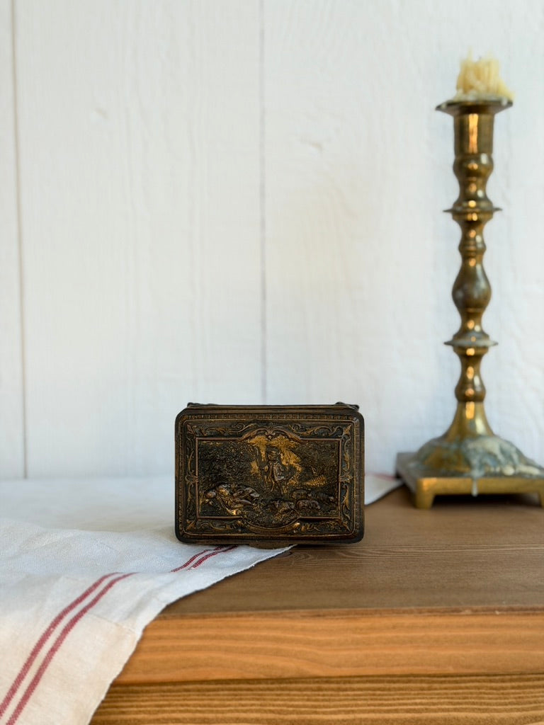 Antique Brass Casket Box with Tufted Silk Interior