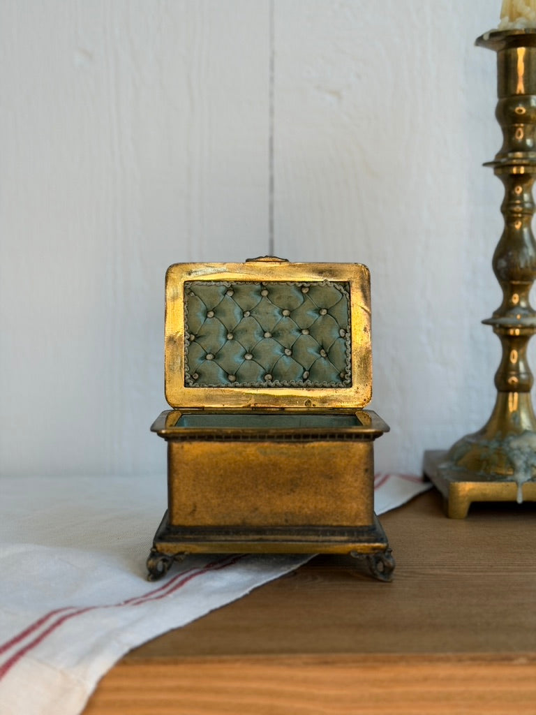Antique Brass Casket Box with Tufted Silk Interior