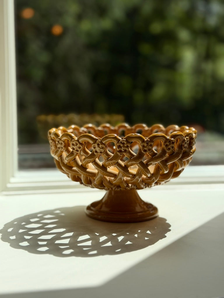 Vintage Maison Pichon Uzès Woven Ceramic Pedestal Fruit Basket