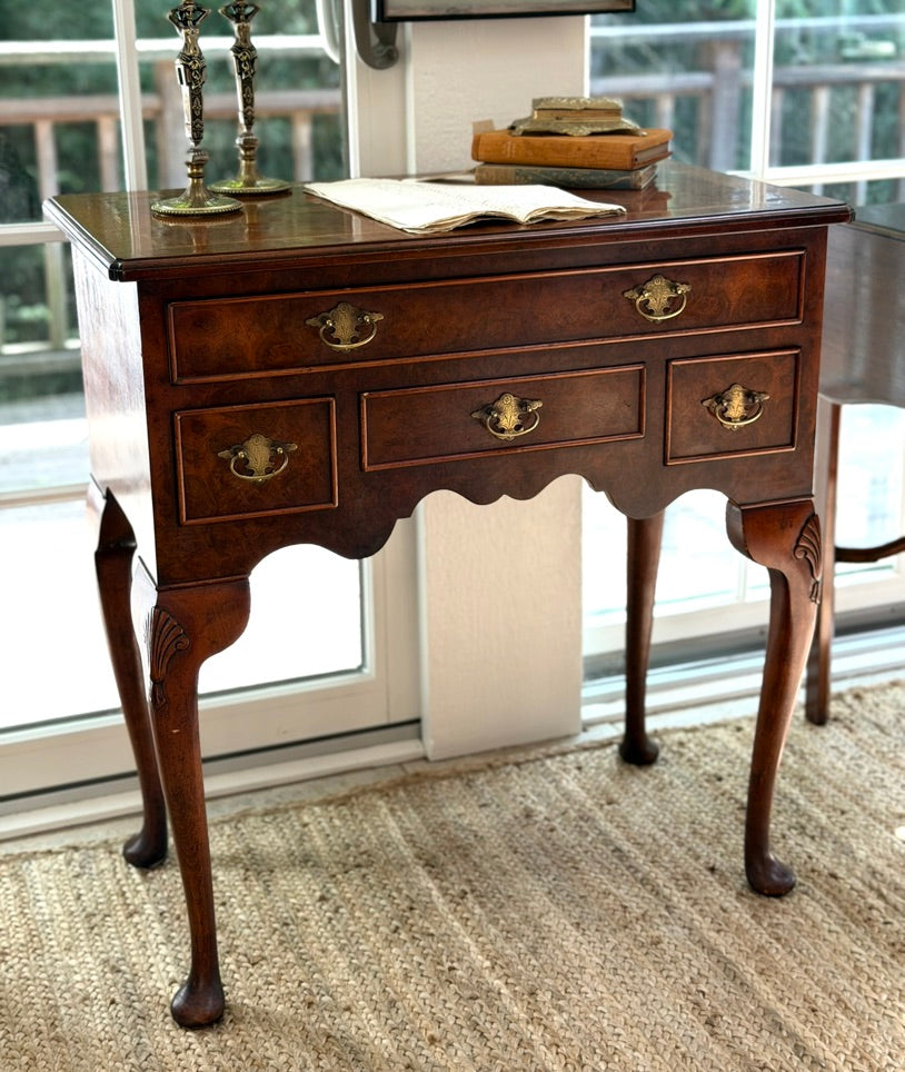 Vintage English Queen Anne Style Burr Walnut Lowboy