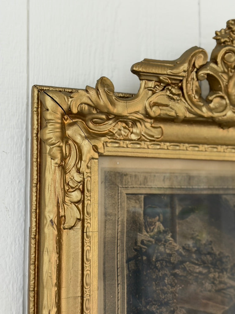 French trumeau full length mirror featuring an antique pastoral engraving.