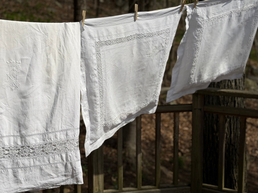 Antique French Linen Sheet & Pillowcase Set with Crowned Monogram
