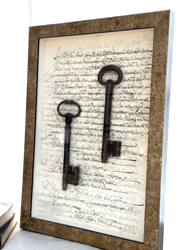 Framed Antique Italian Document with Iron Keys, Gilt Frame