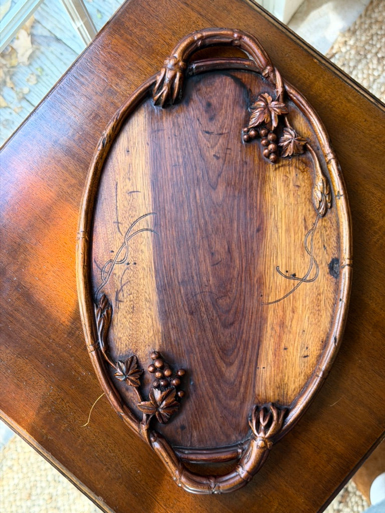 Hand Carved Oval Wooden Tray with Grapevine Detail