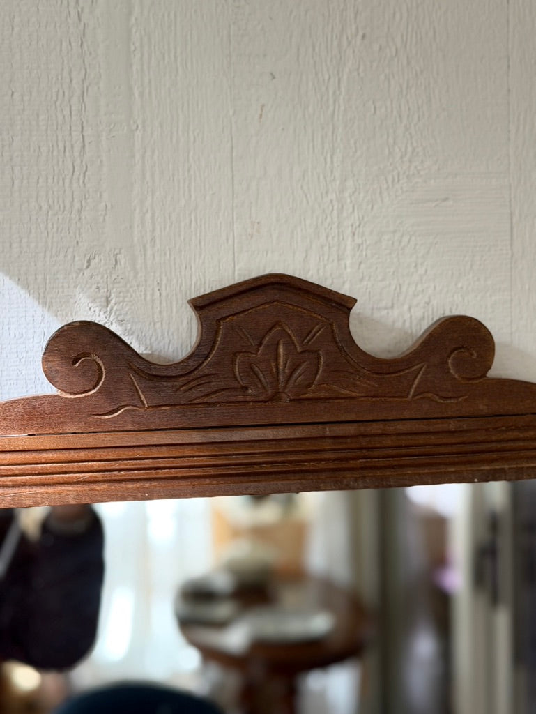 Vintage Wood Framed Mirror with Carved Crest