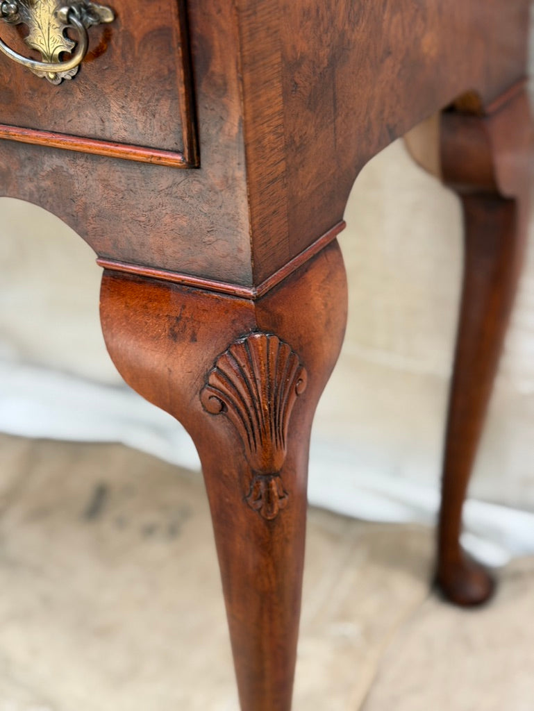 Vintage English Queen Anne Style Burr Walnut Lowboy