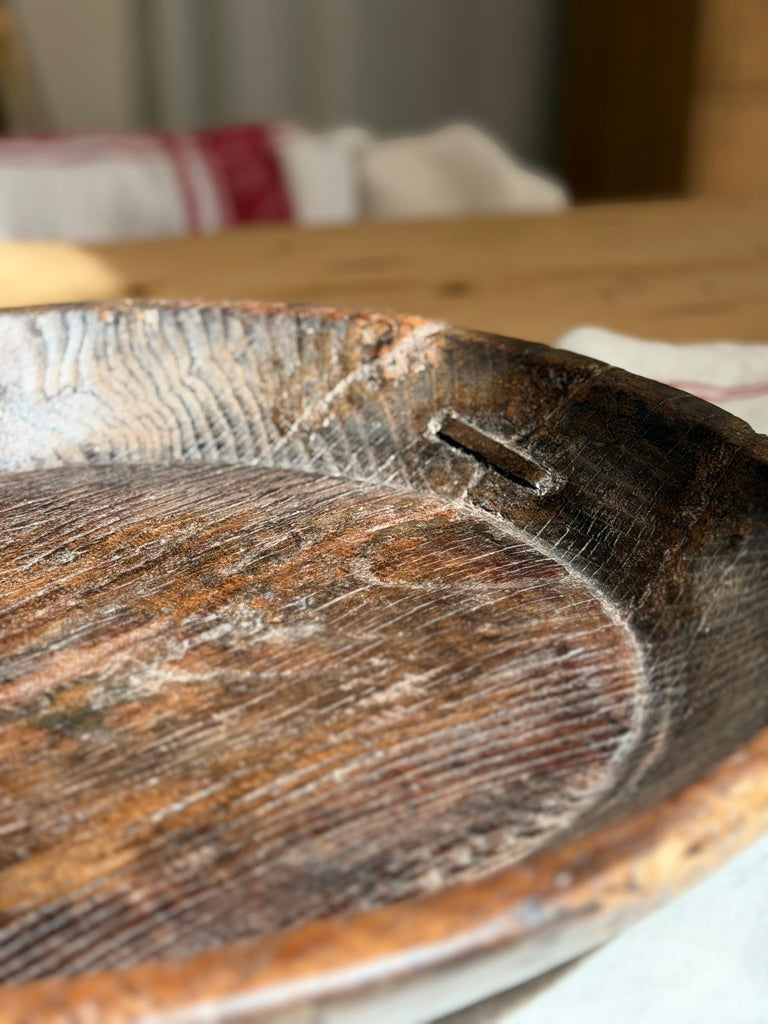 Antique Wooden Dough Bowl with Metal Repair