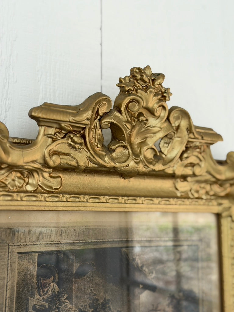 French trumeau full length mirror featuring an antique pastoral engraving.