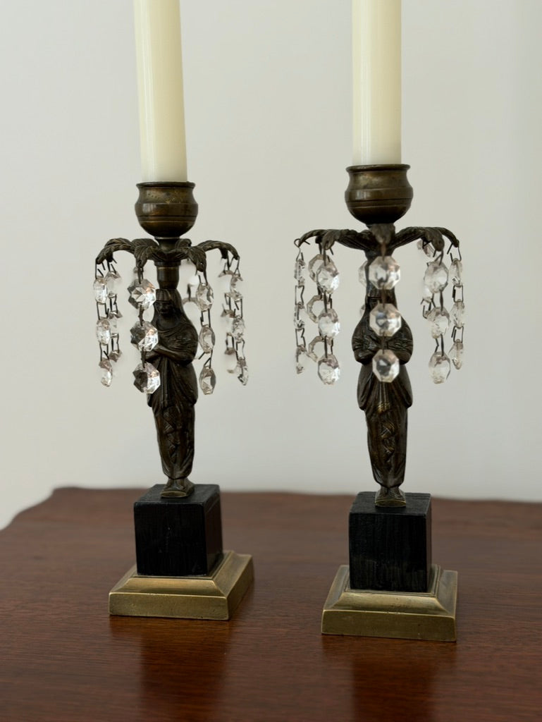 Pair of 19th-Century Bronze Figural Lustre Candlesticks