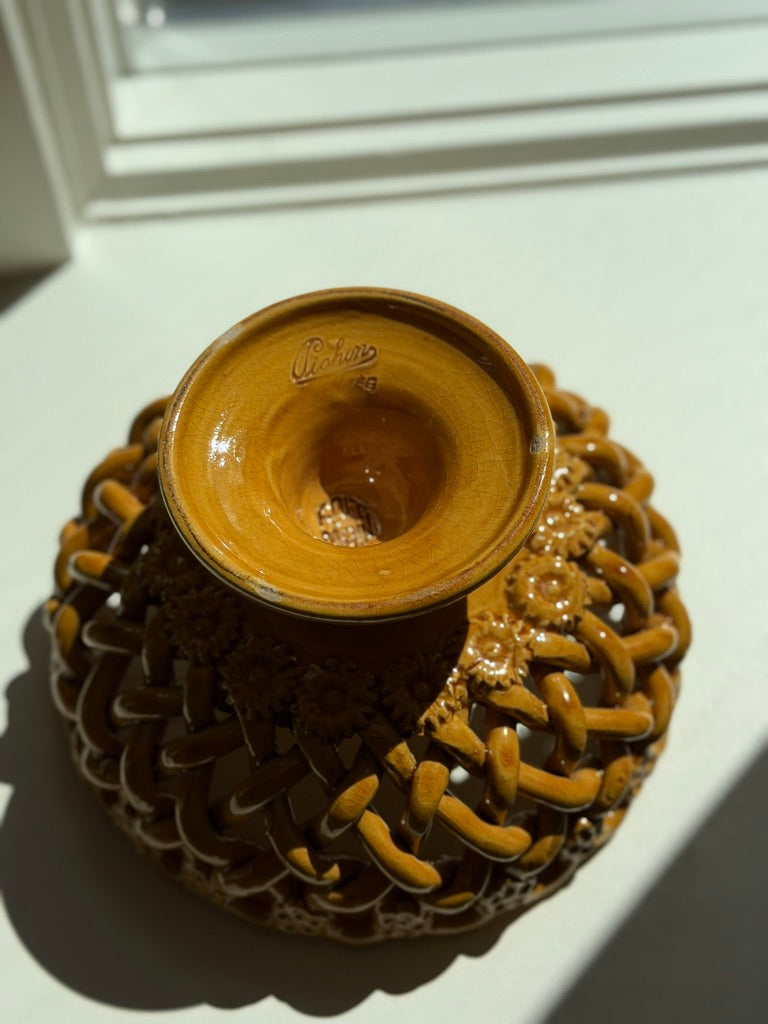 Vintage Maison Pichon Uzès Woven Ceramic Pedestal Fruit Basket
