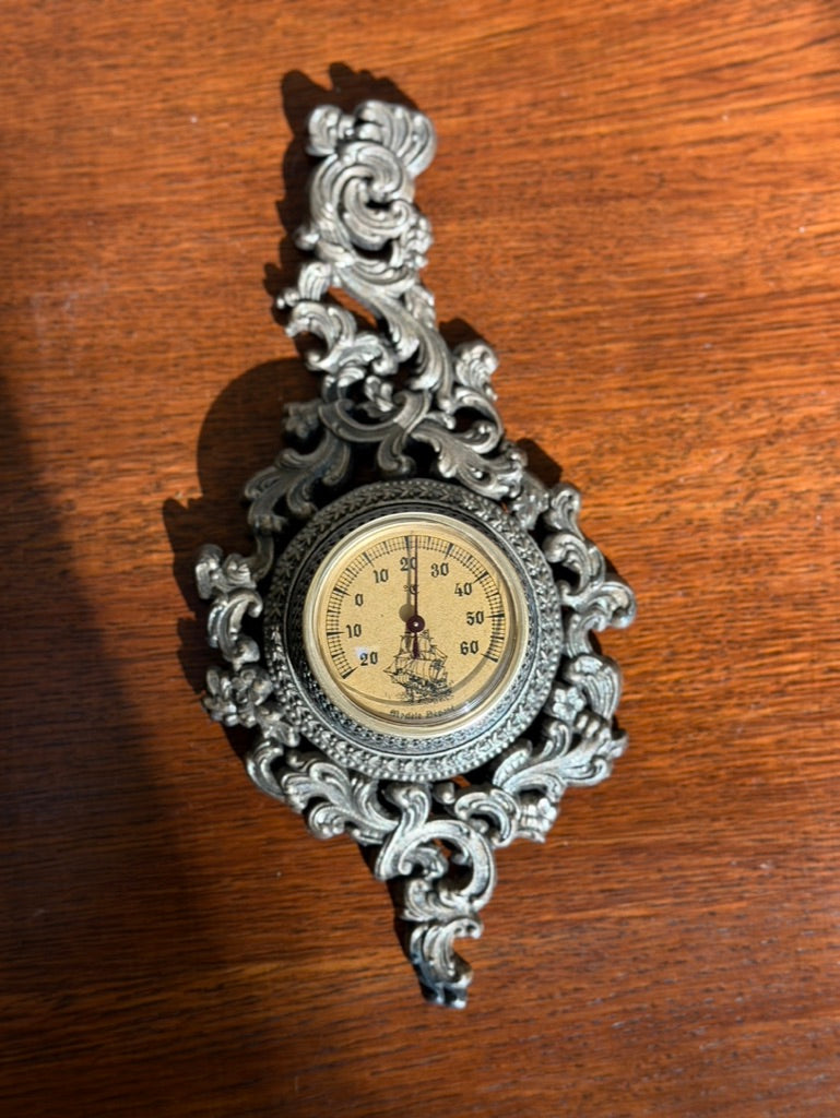 Vintage French Wall Thermometer, Celsius Dial with Sailing Ship, Ornate Rococo-Style Metal Frame