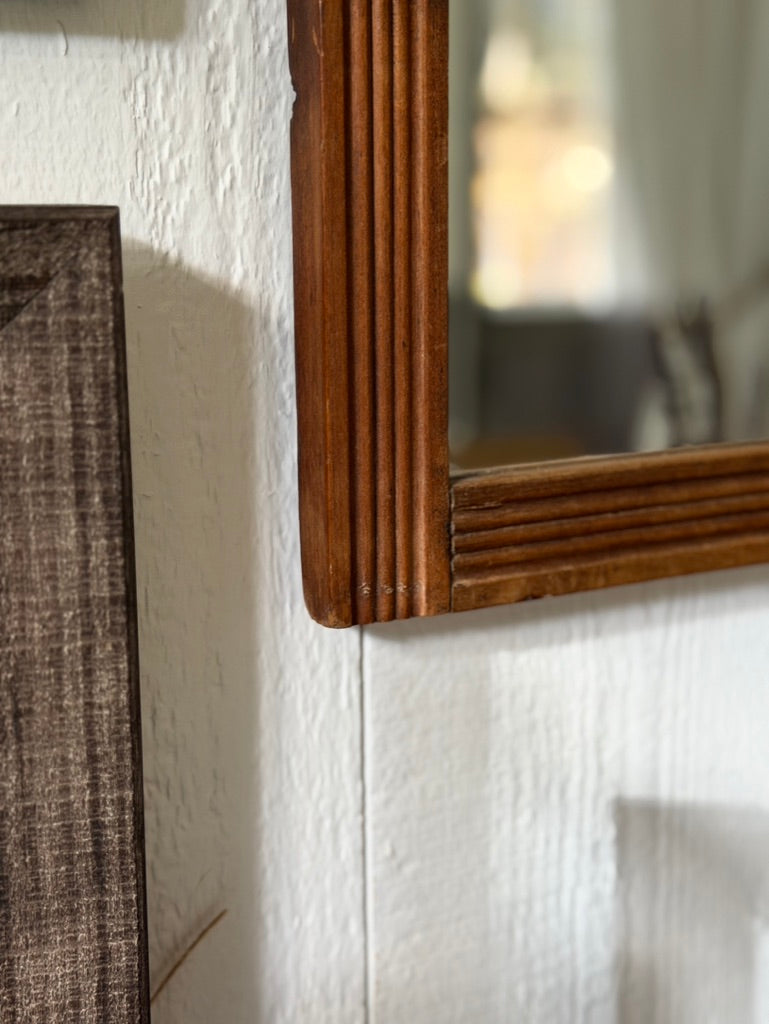 Vintage Wood Framed Mirror with Carved Crest