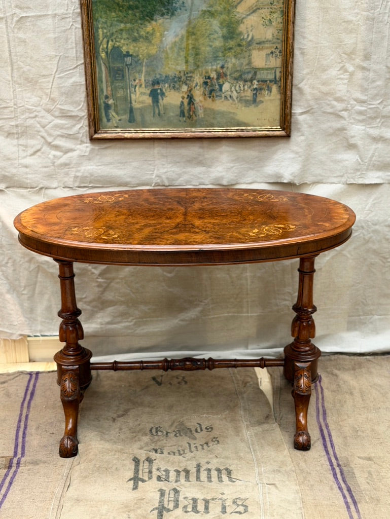 19th Century English Walnut & Burl Victorian Stretcher Table with Maple Inlay