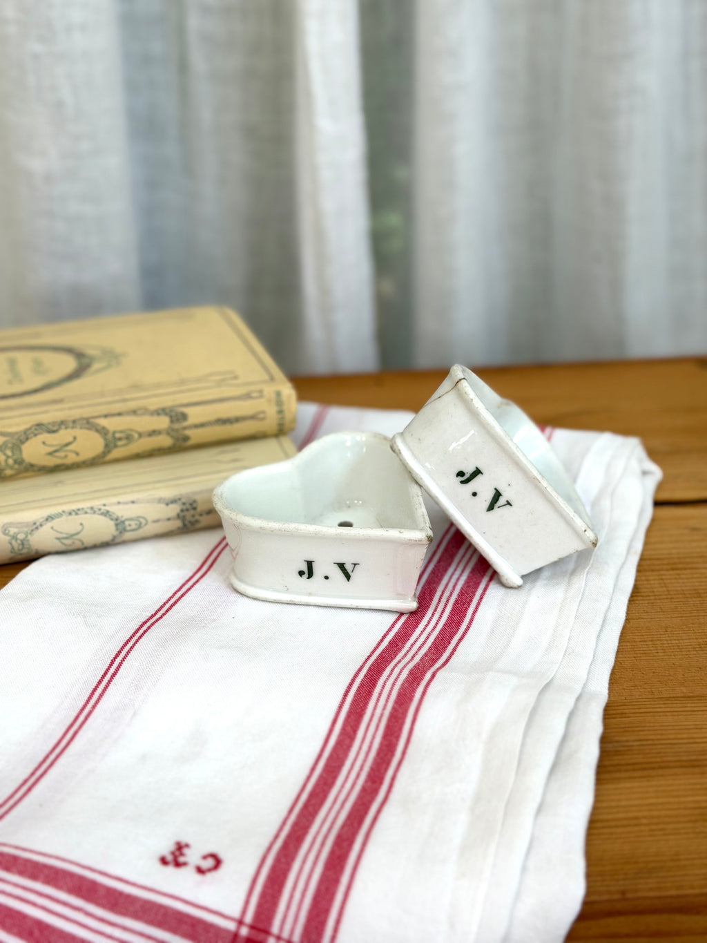 Pair of Antique French Porcelain Faisselle Molds with J.V. Monogram