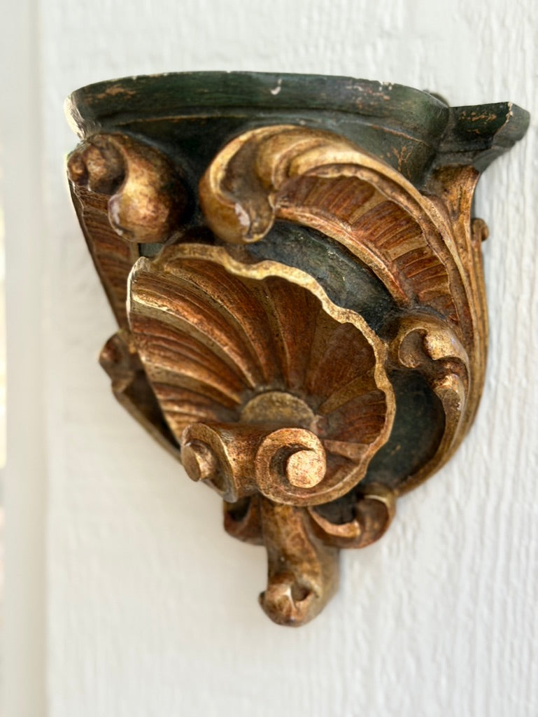 Pair of Italian Carved Wood Corbels in Green and Gold