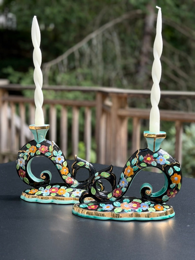 Pair of Vintage Cérart Monaco Floral Candlesticks
