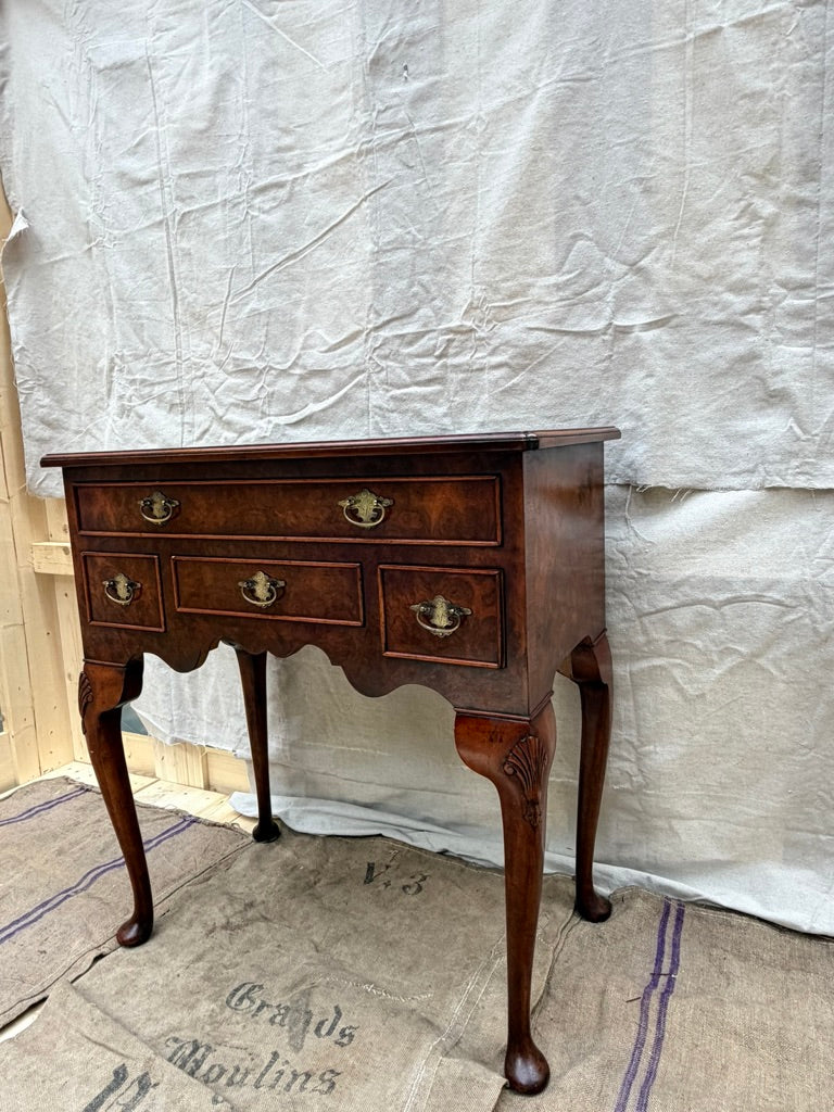 Vintage English Queen Anne Style Burr Walnut Lowboy