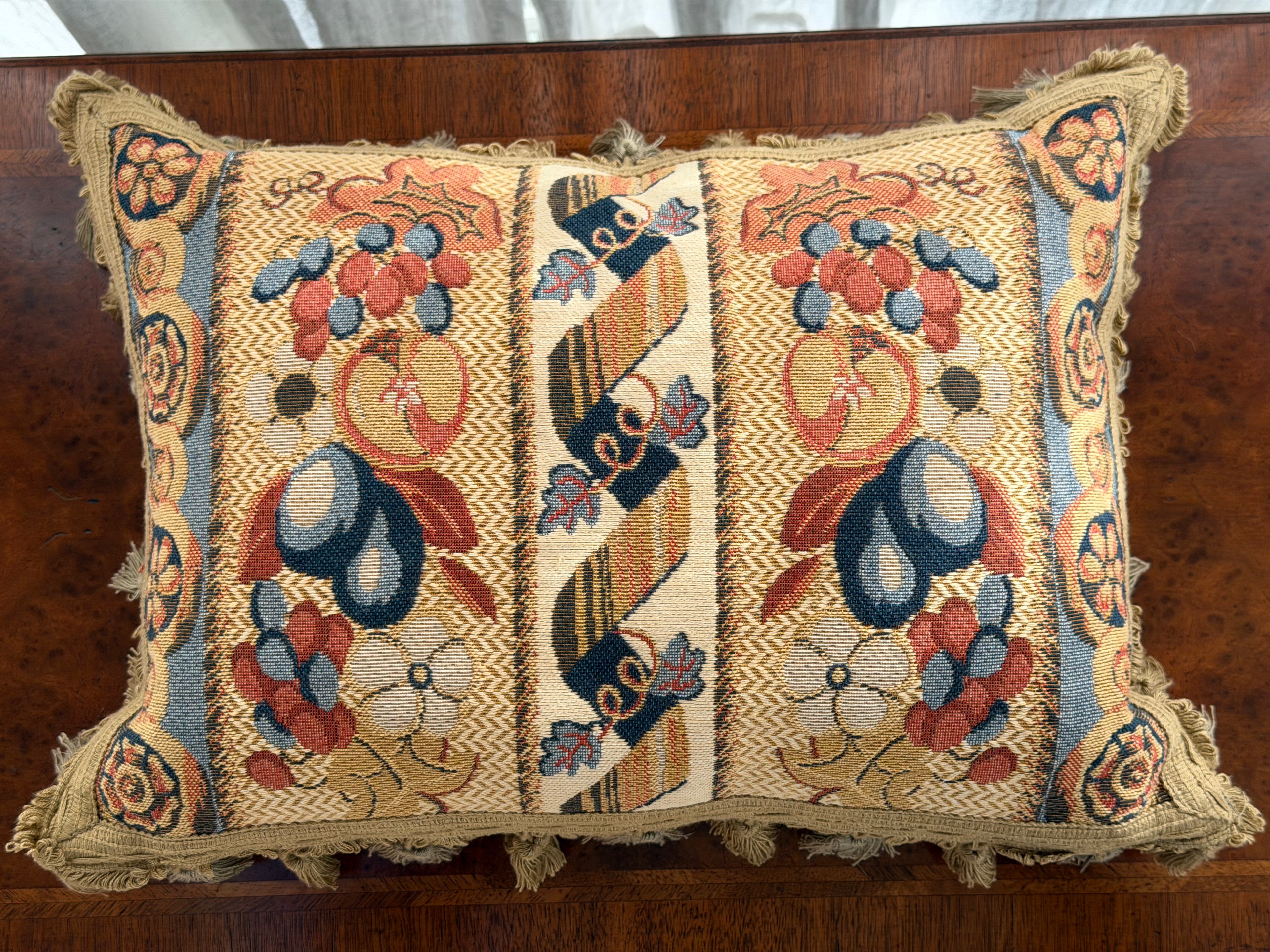 Pair of Floral Jacquard Cushions with Velvet Backs and Tassel Fringe
