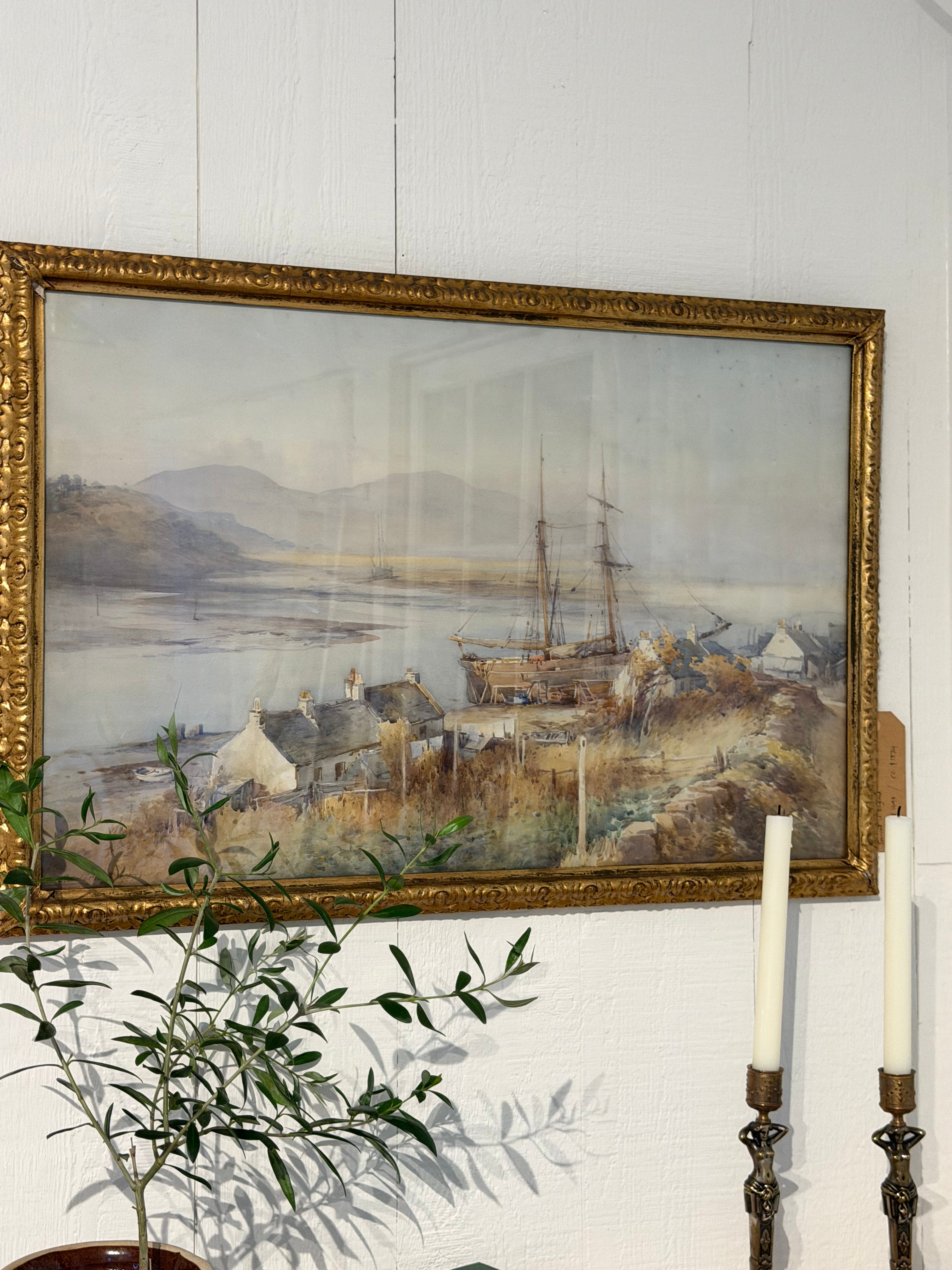 Charles William Adderton (British 1866-1944) watercolor on paper signed 1909, Gilt frame, Sailing Boats and Harbor Cottages