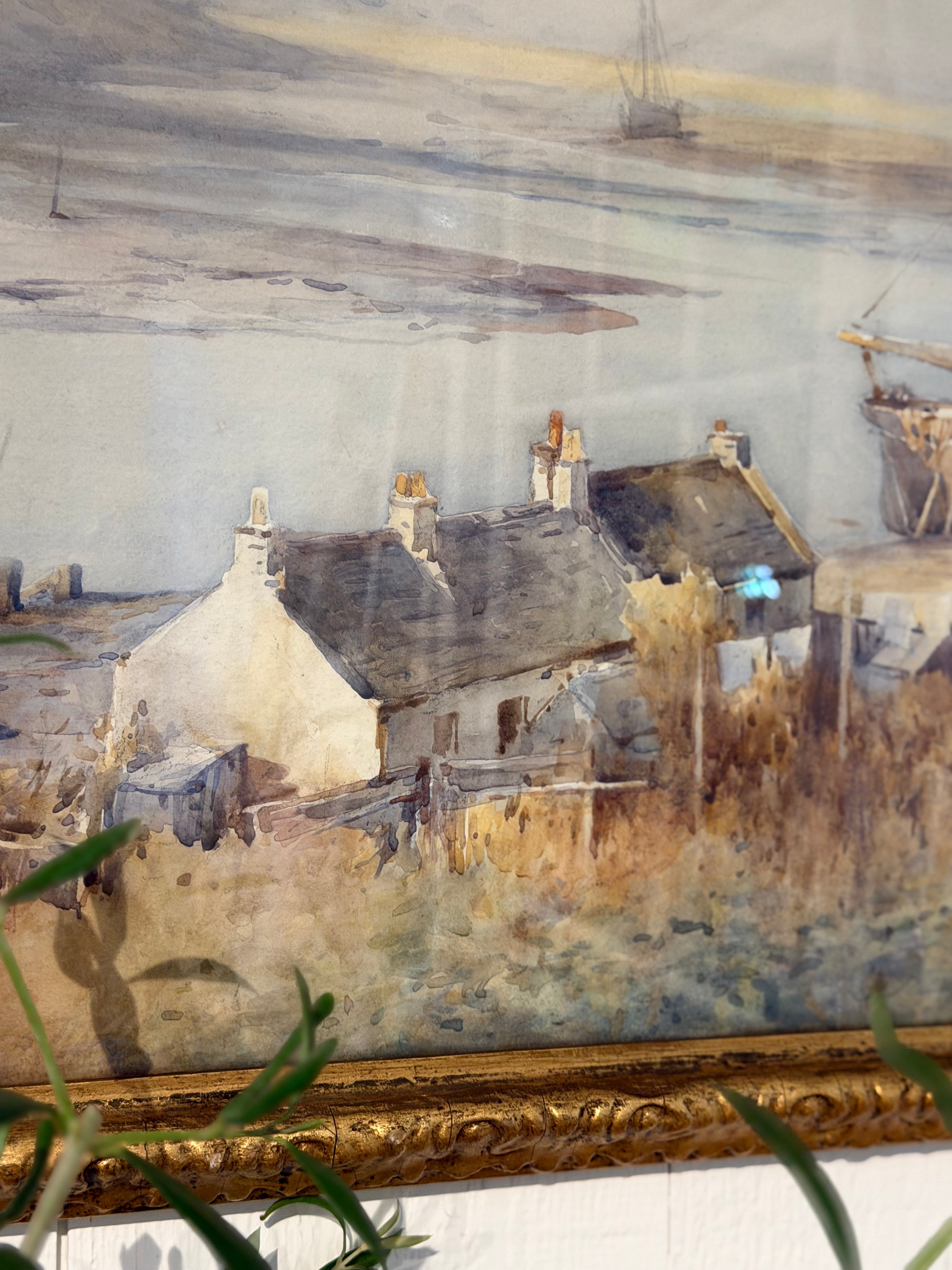 Charles William Adderton (British 1866-1944) watercolor on paper signed 1909, Gilt frame, Sailing Boats and Harbor Cottages