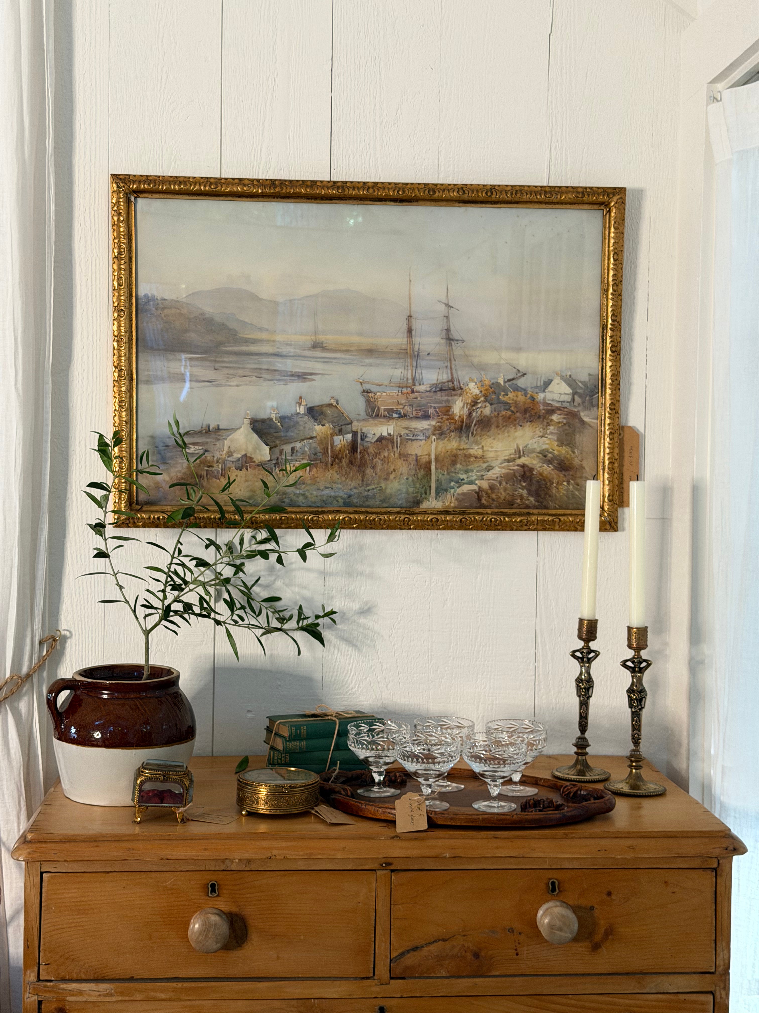 Charles William Adderton (British 1866-1944) watercolor on paper signed 1909, Gilt frame, Sailing Boats and Harbor Cottages