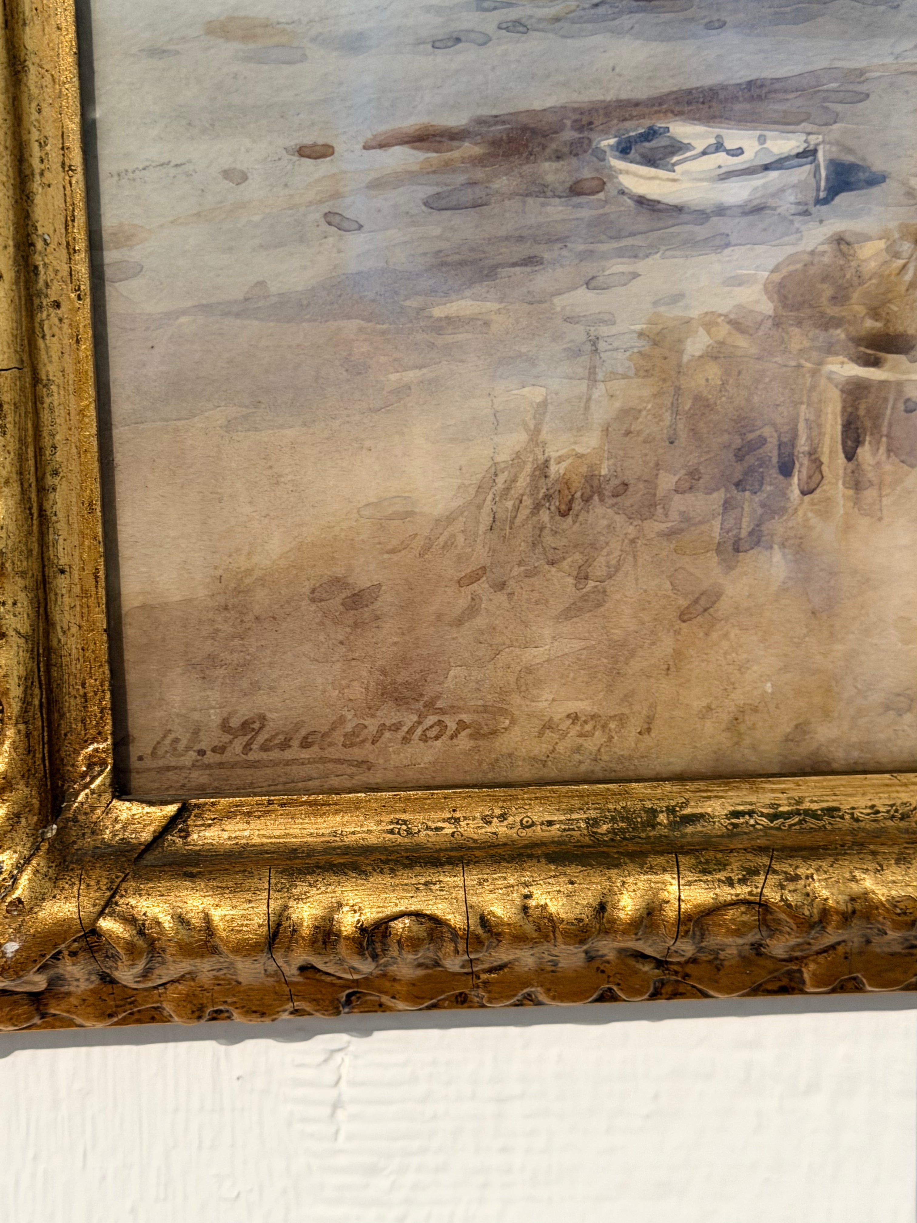 Charles William Adderton (British 1866-1944) watercolor on paper signed 1909, Gilt frame, Sailing Boats and Harbor Cottages