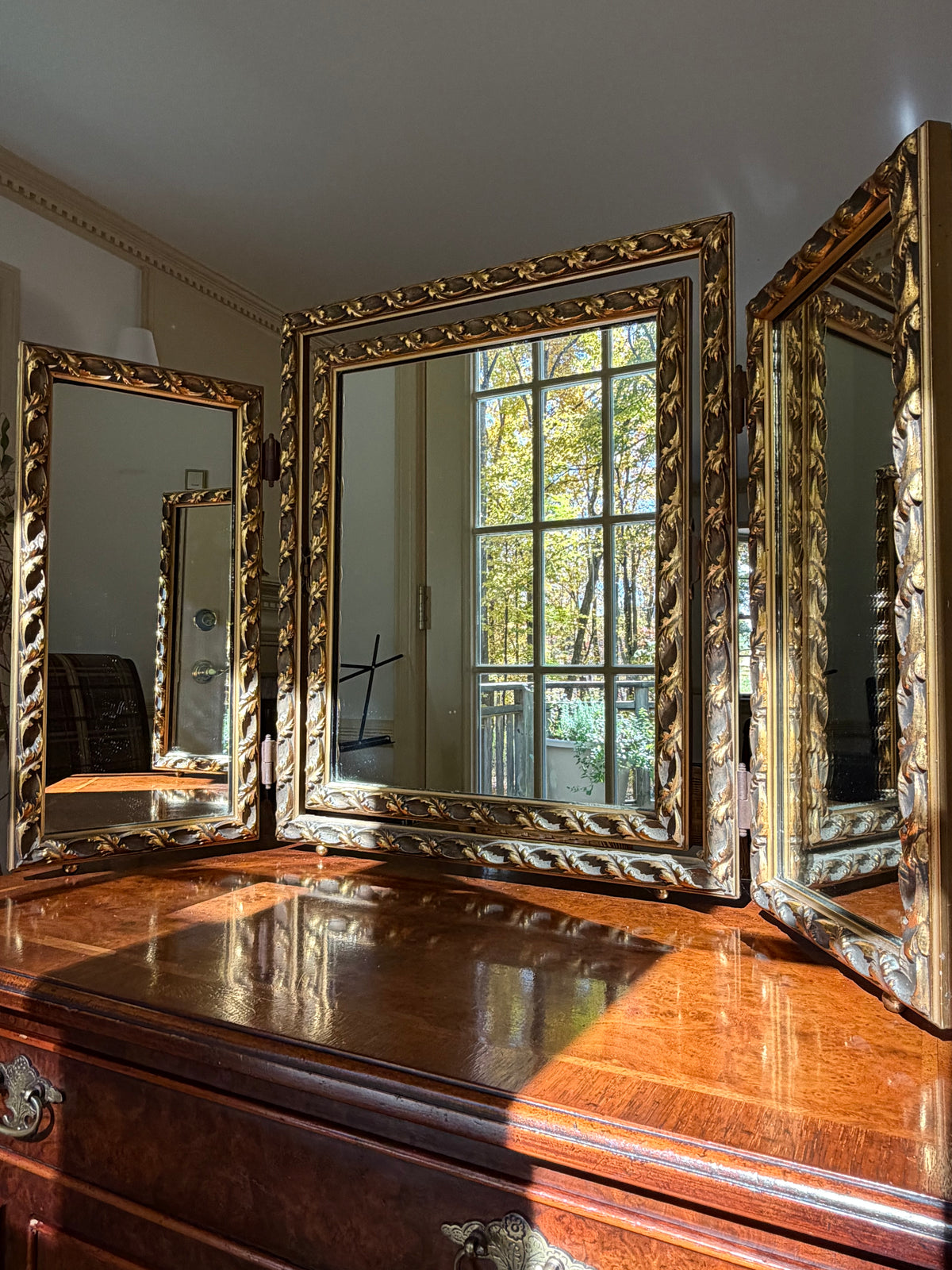 Antique Giltwood Triptych Dressing Mirror, Circa 1910–1920s