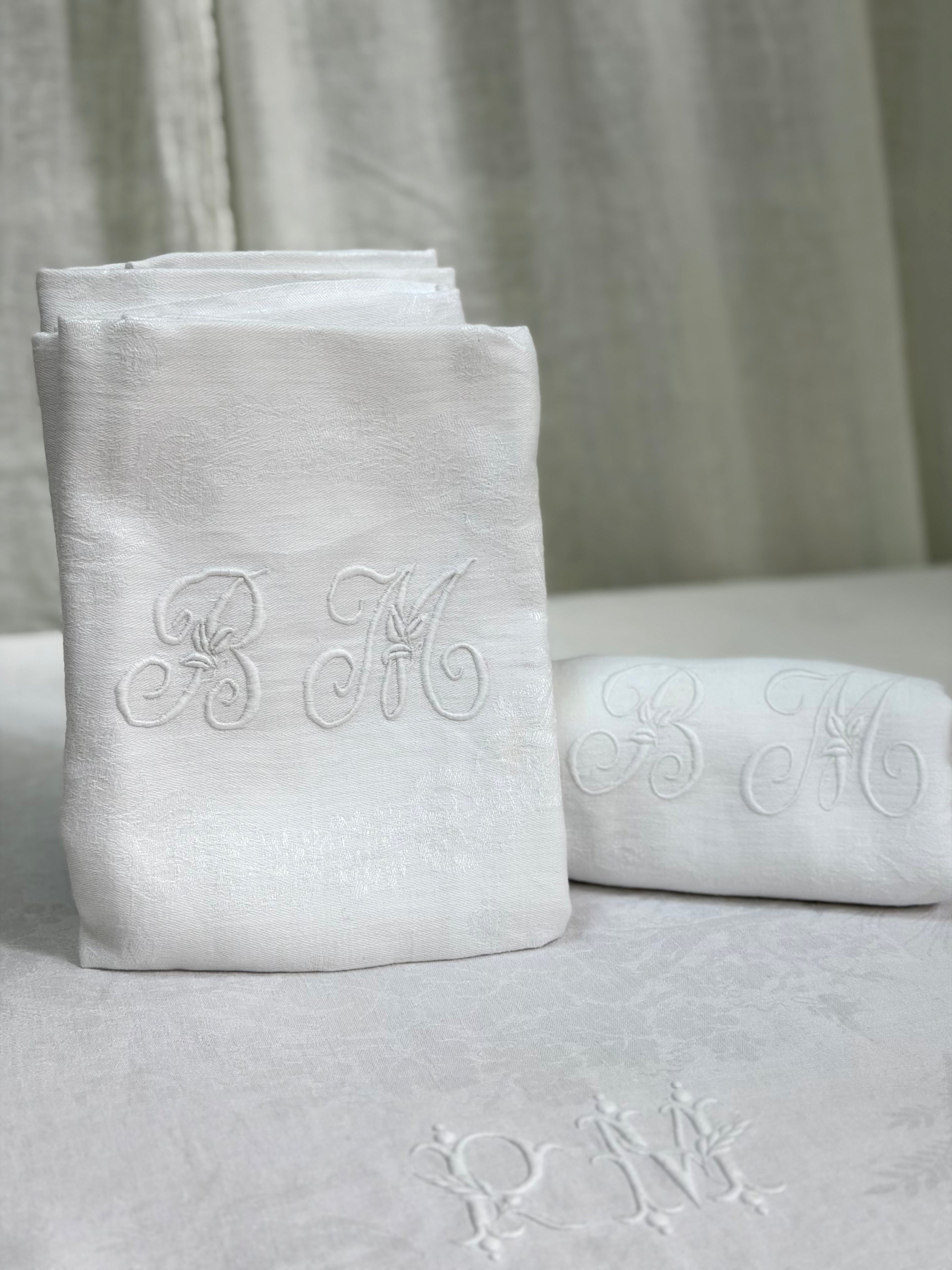 Set of Four Antique French Linen Dinner Napkins | Hand Monogrammed "BM"