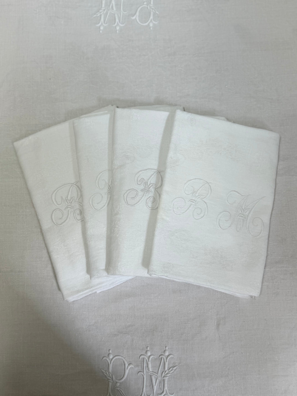 Set of Four Antique French Linen Dinner Napkins | Hand Monogrammed "BM"