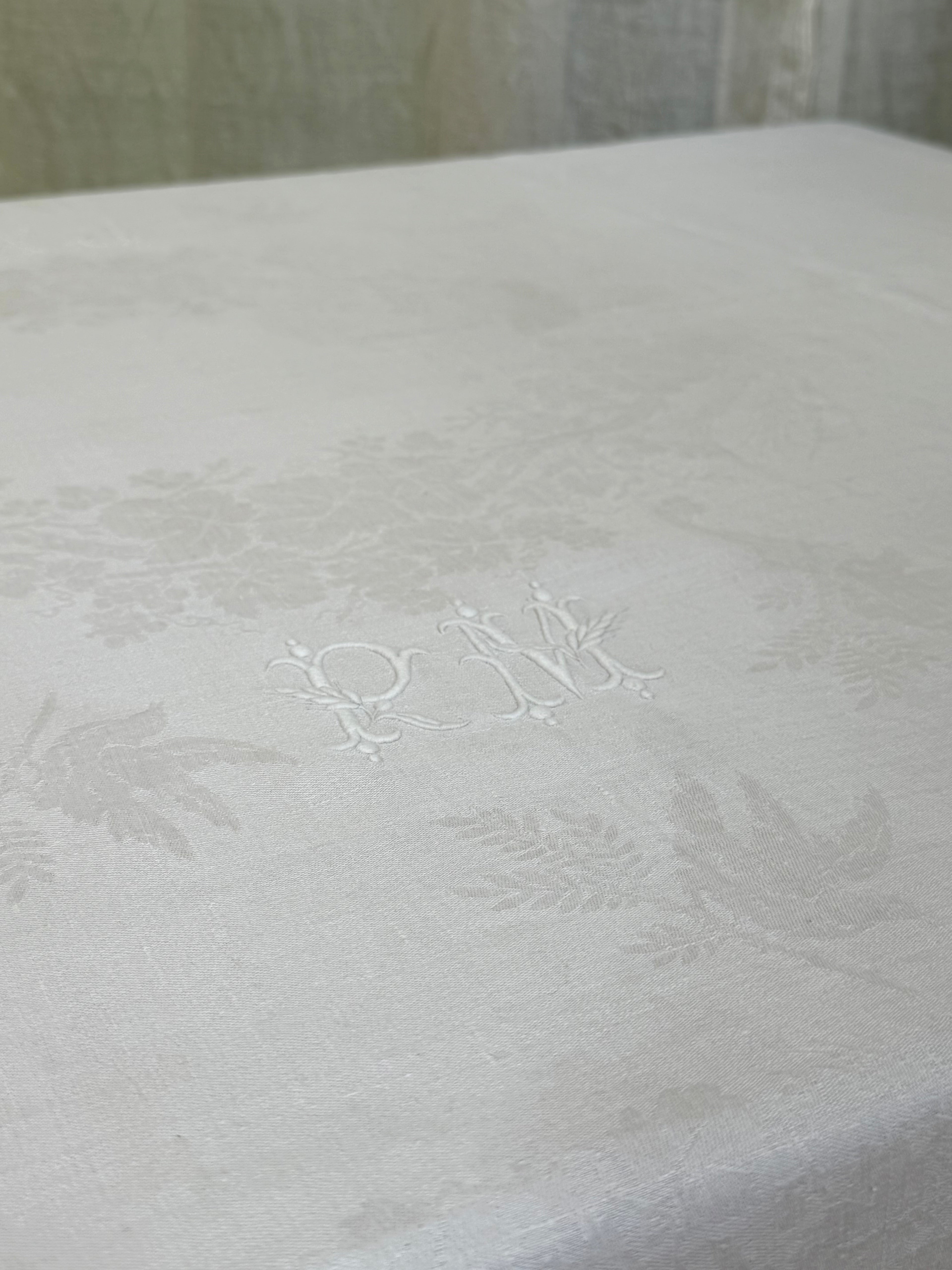 Antique French Linen Damask Tablecloth | Hand Monogrammed "PM"
