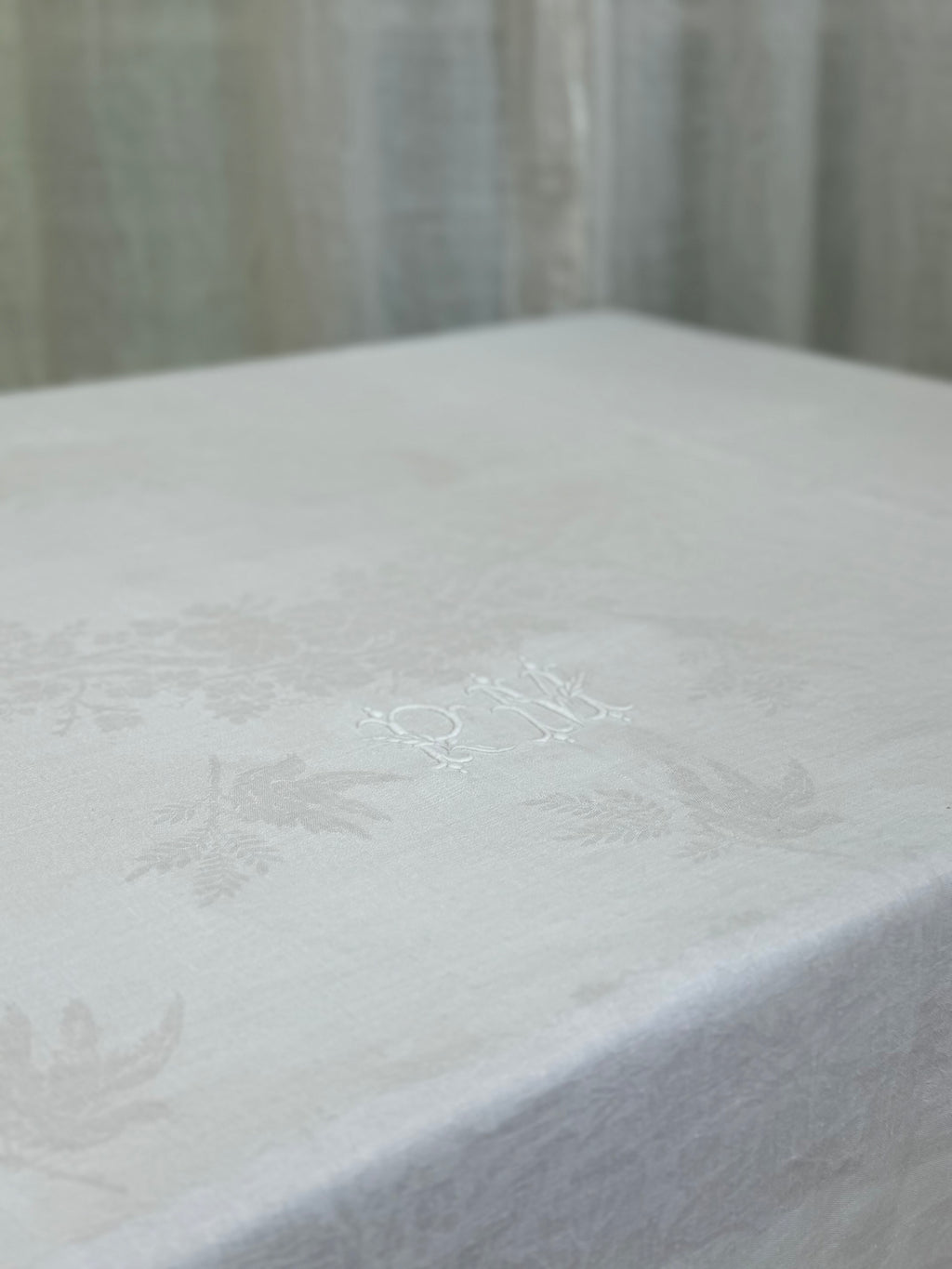 Antique French Linen Damask Tablecloth | Hand Monogrammed "PM"
