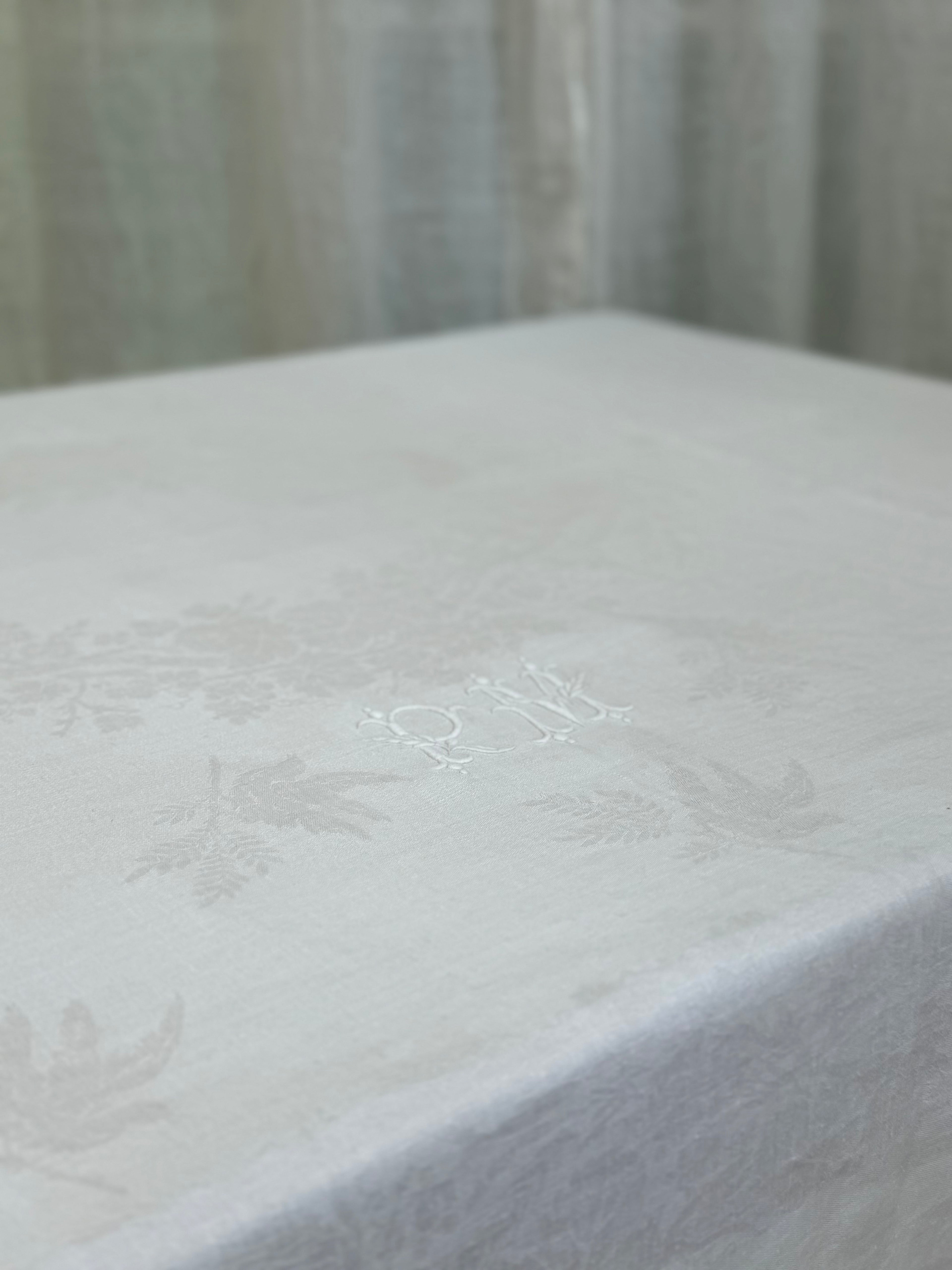 Antique French Linen Damask Tablecloth | Hand Monogrammed "PM"